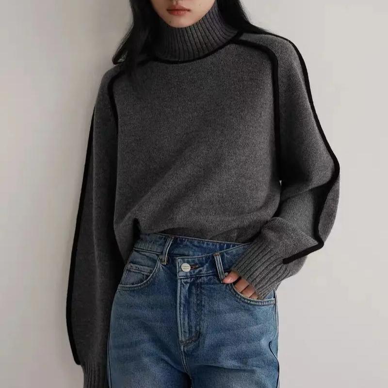 Maglione Dolcevita Autunno Inverno Donna Lavorato a Maglia Patchwork Morbido Caldo Spesso Casual Top