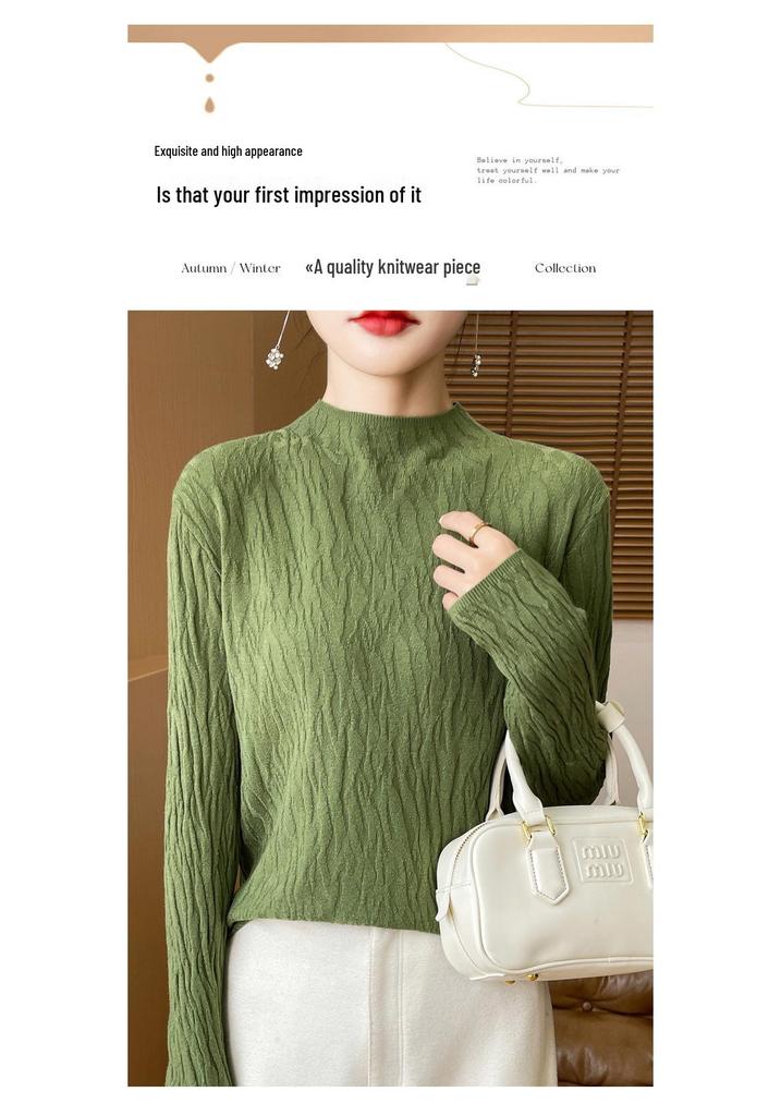 Niche Bark Texture Half-High Collar Sweater: Autumn/Winter Long Sleeve Temperament Knitwear for Women