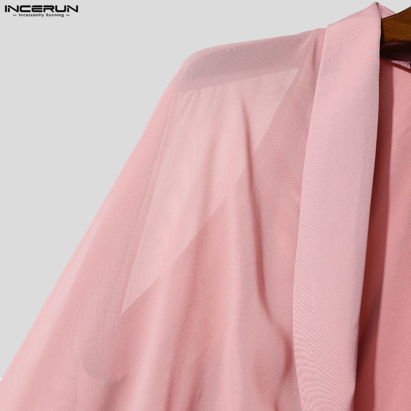 INCERUN Men V Neck Long Sleeve Mesh Layers Patchwork Casual Loose Cape Shirts