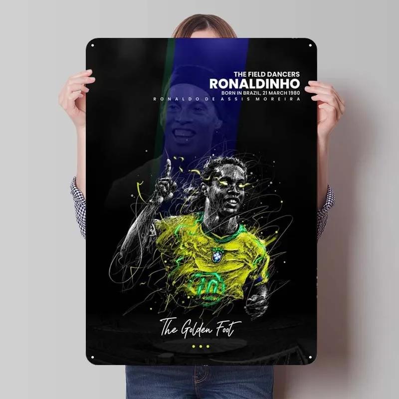 Ronaldinho Sign Sportposter Metall Wandkunst von Wandmalereien Vintage Metall Blechschild Plakette für Wandkunst Dekoration Man Cave Retro Zuhause