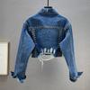 Damen Langarm Denim Kurze Jacke Mode Pendler Revers Top