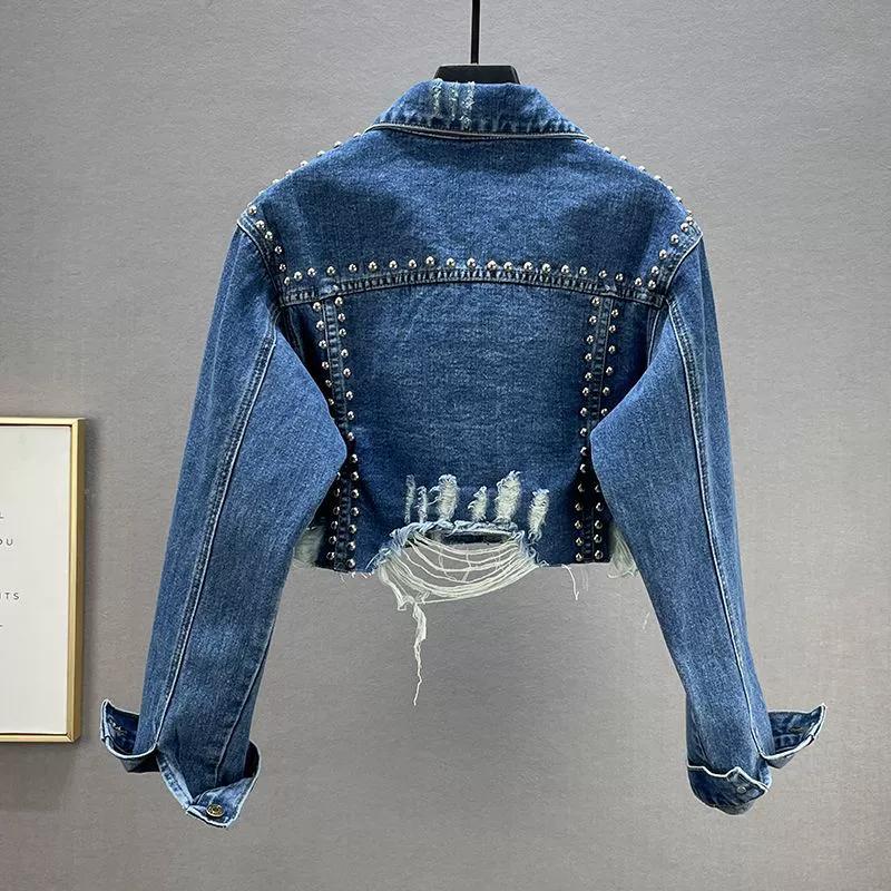 Damen Langarm Denim Kurze Jacke Mode Pendler Revers Top