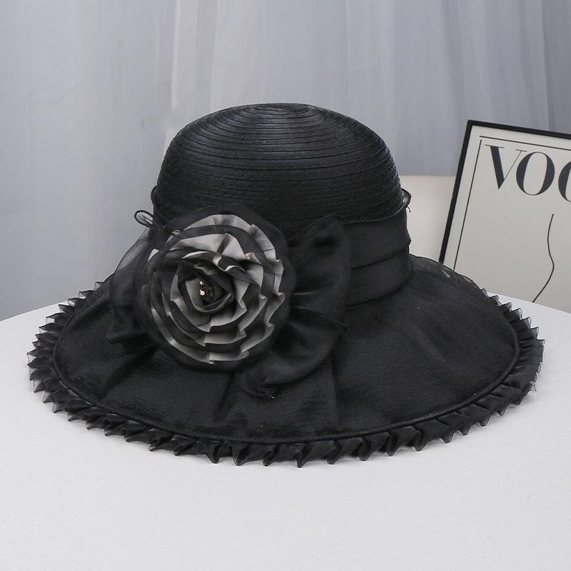 British Style Mesh Gauze Hat Spring and Summer New Women's Sunscreen Big Eaves Flower Lace Sunshade Fashionable and Elegant Top Hat