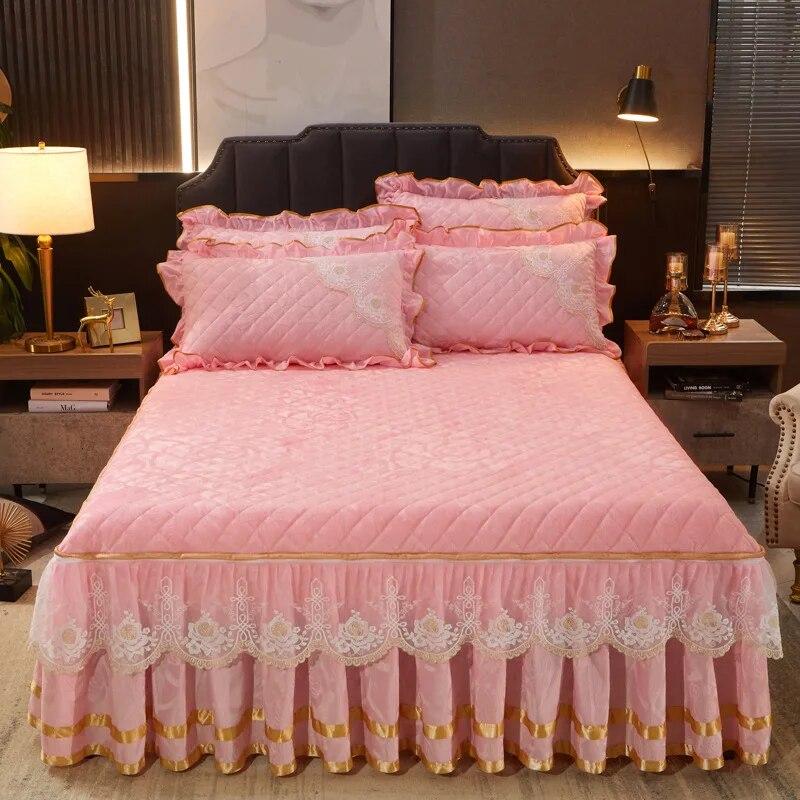 Winter Coral Fleece Zipper Removable Luxury Bedspread King Queen Thicken Velvet Quilted Bed Skirt Not Including Pillowcase
