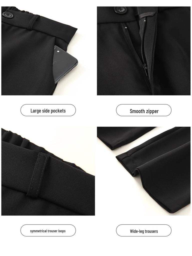 Women's 2024 High-Waist Black Wide-Leg Drape Suit Pants - Slim, Casual, Straight Fit for Spring