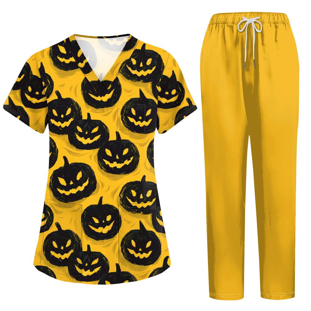 Women's Costume Set Short Sleeve Halloween Print Top and Pants with Pockets 2 Piece Work Uniform