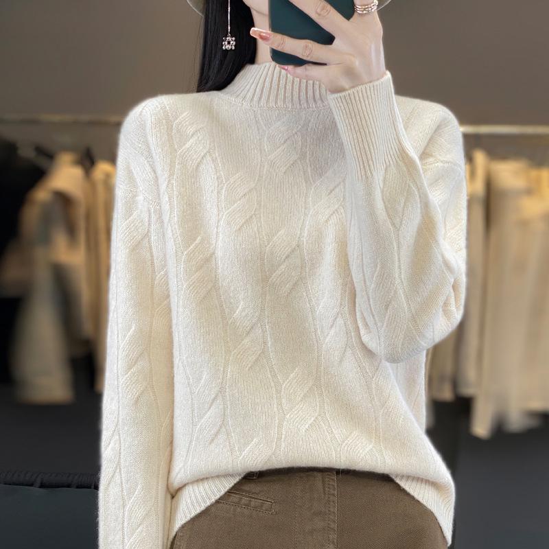 2024 Autumn/Winter Women's Half-High Neck Wool Sweater - Loose Knit Thickened Cable Base Layer