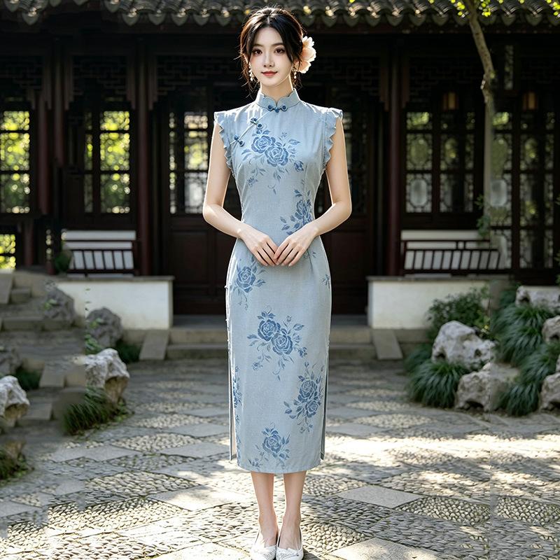 Sleeveless blue national style new Chinese style Suzhou long cheongsam improved young 1011 new women's high sense daily