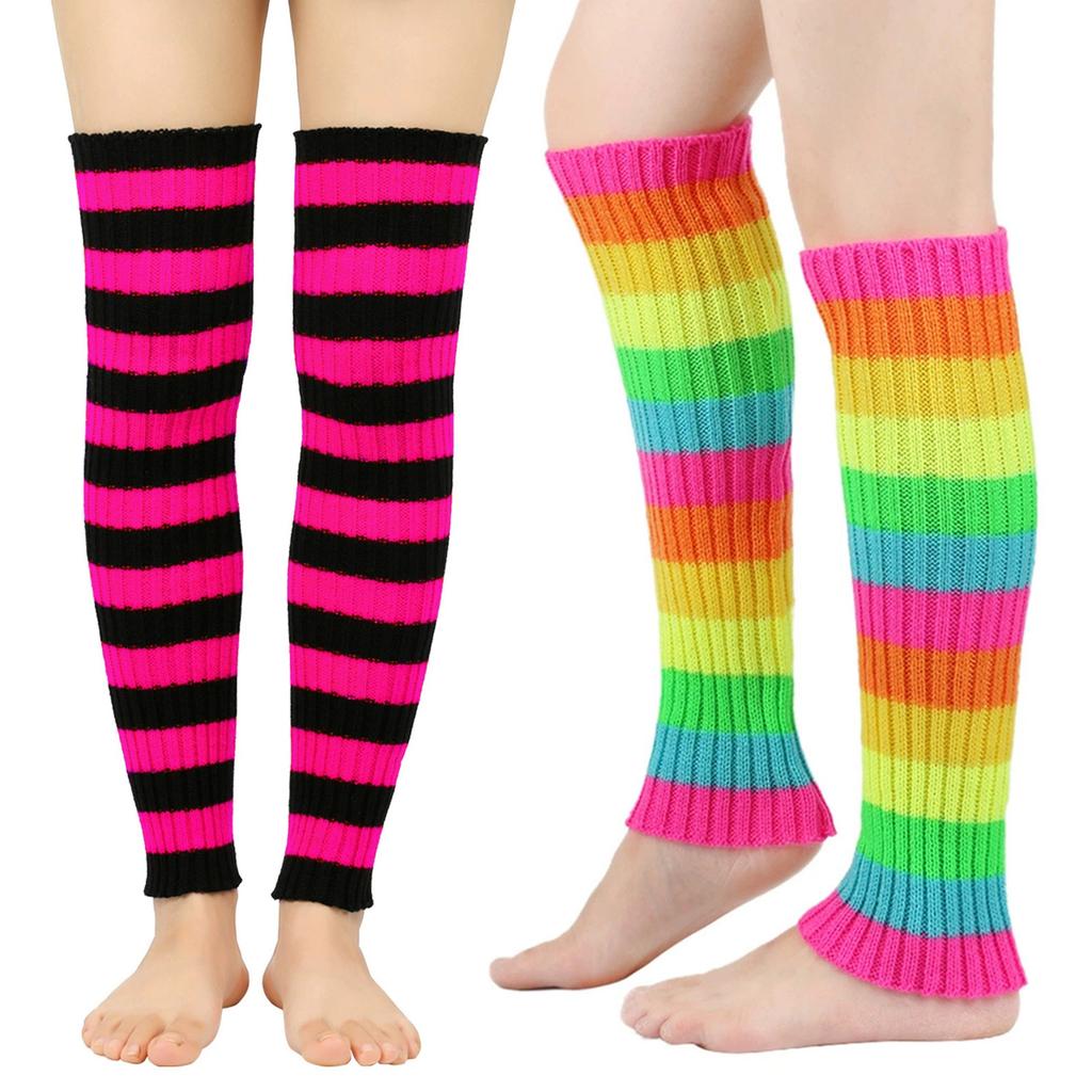 Women Leg Warmers Socks Colorful Stripe Ribbed Knitted Leg Covers Thigh High Long Stockings Cosplay Costume Accessories