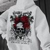 Grim‑rose Men Hoodie Fashion Rear Retro Gothic Skull Floral‑themed Motif Print Pullover For Soft Relaxed Casual Street Wear