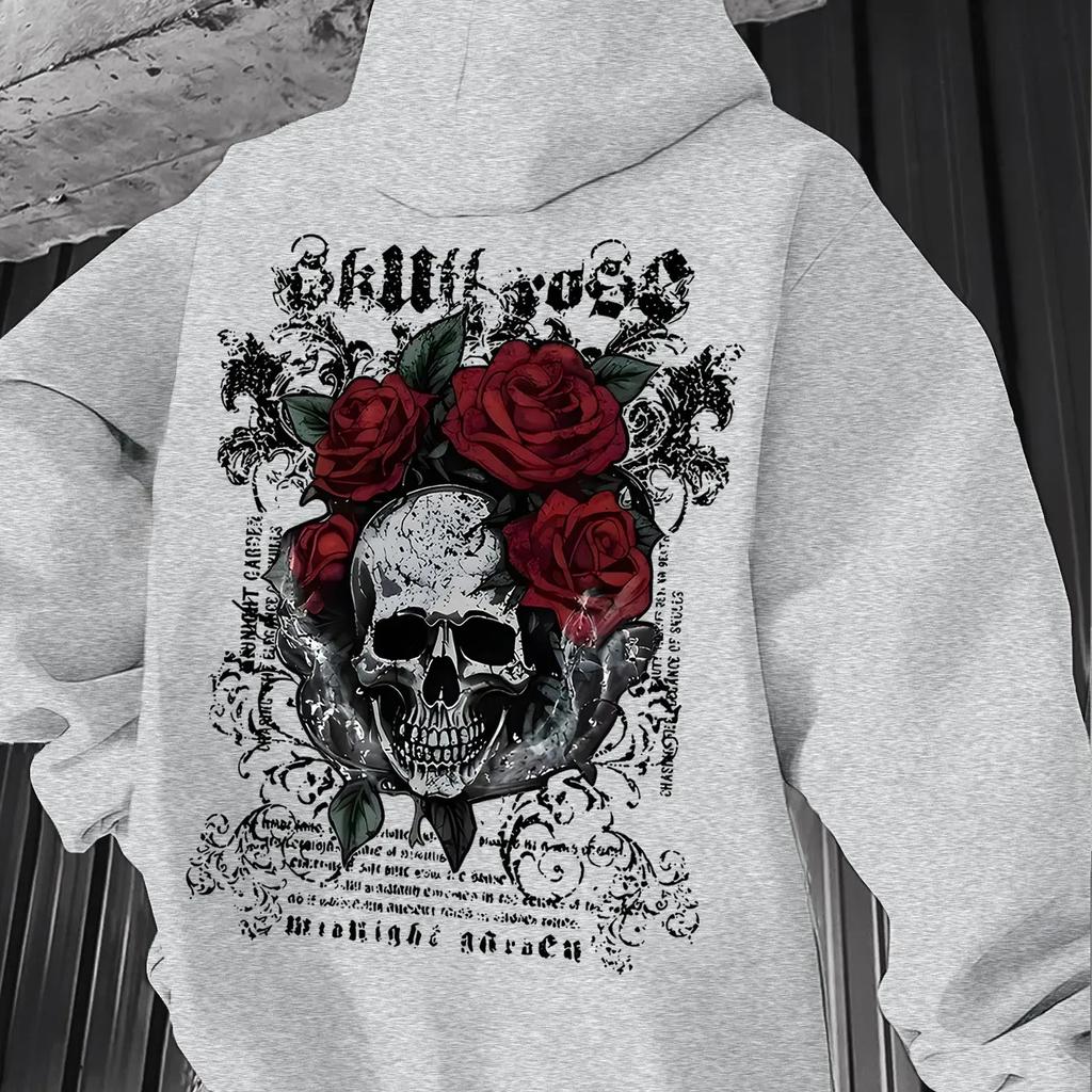 Grim‑rose Men Hoodie Fashion Rear Retro Gothic Skull Floral‑themed Motif Print Pullover For Soft Relaxed Casual Street Wear