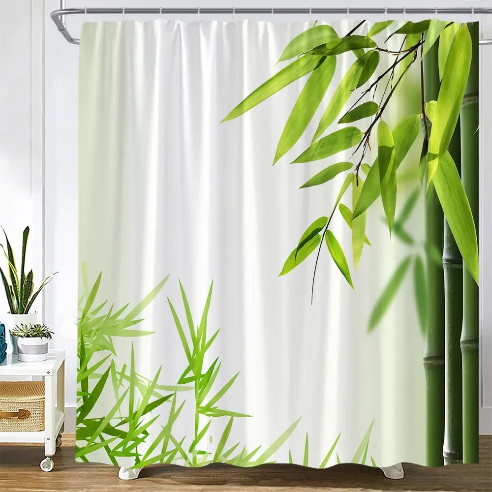 Zen Buddha Green Bamboo Shower Curtain Palm Trees Beach Ocean Flower Plant Nature Landscape Wall Hanging Bathroom Decor Curtains