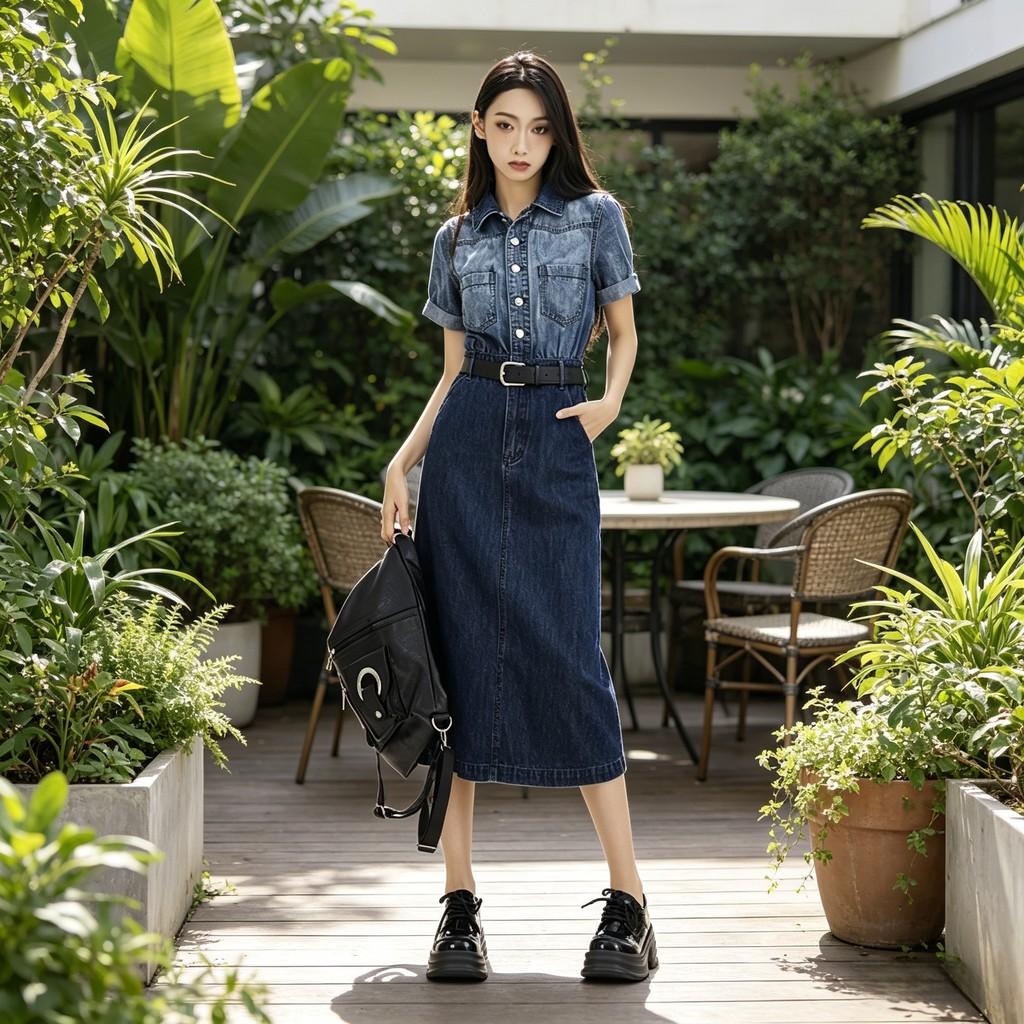 Denim Dress With Gradient Color And Polo Collar For Summer Casuals