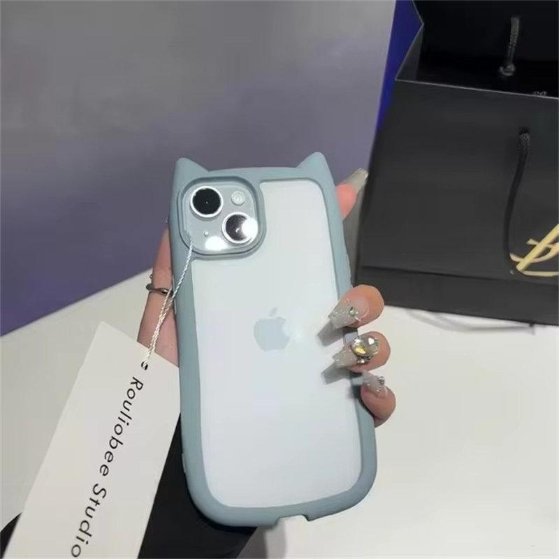 

Милый прозрачный чехол с кошачьими ушками для iPhone 12 13 14 15 16 Pro Max 11, ударопрочный, жесткий, акриловый, мягкий, силиконовый, Kawaii Funda iPhone 15 Pro синий