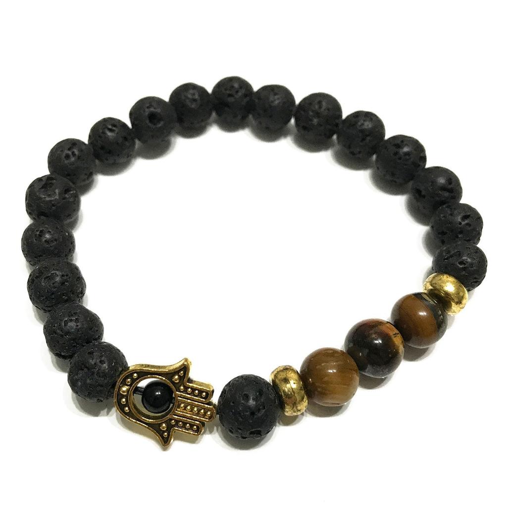 Lava Stone Bracelet Hamsa Hand Tiger Eye