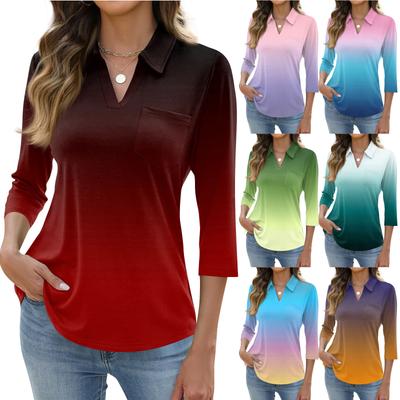 Women's Fashion Casual Lapel Short 3/4 Sleeve Print Shirt Women's Up Tops