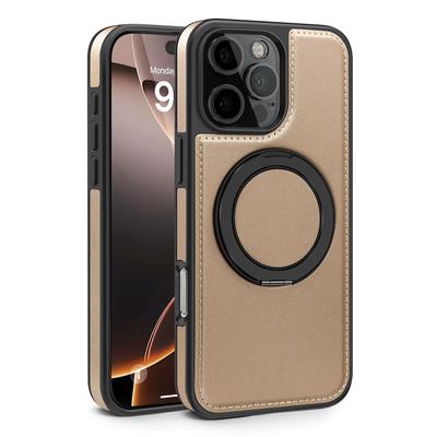 For iPhone 16 Pro Max Case with Ring Kickstand Compatible with MagSafe PU Leather Back Cover