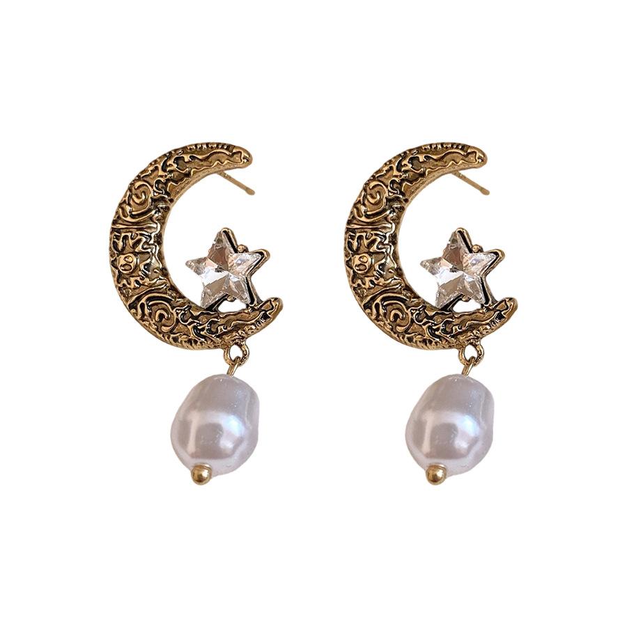 Silver Needle Diamond Moon Star Pearl Earrings French Retro Fashion Temperament Earrings Light Luxury Premium Earrings Women