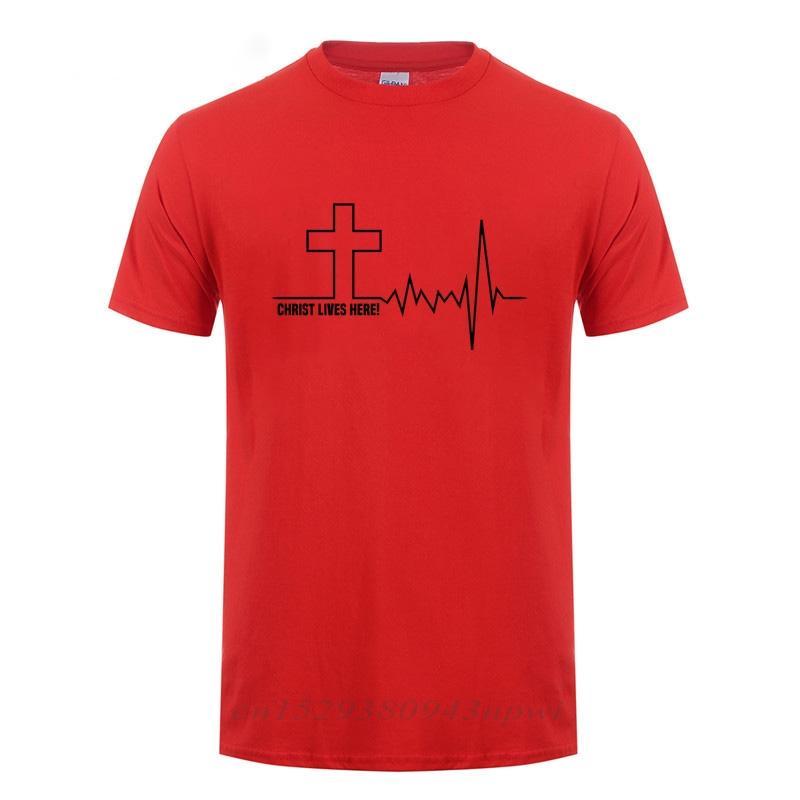 Christ Lives Here Cross Heartbeat Christian Jesus Faith Inspirational T Shirt TShirt For Men Male Short Sleeve Cotton Tshirt