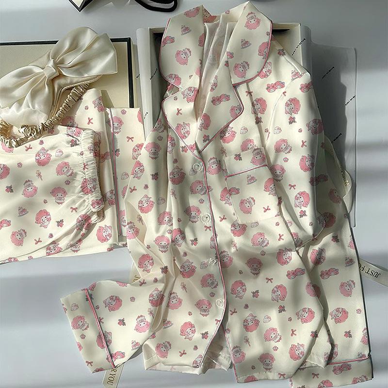 Pajamas Women'S Sweet Cartoon Long-Sleeved Trousers Spring And Summer Thin Ice Silk High-Value Wind-Cool Loungewear