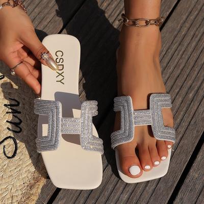 Large Size, Slippers, Ladies', Rhinestones, Flat Bottomed, Sandals, Outerwear, Square Toe, Sandals