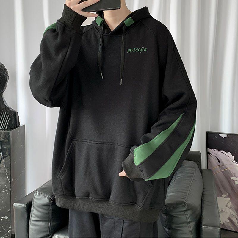 Splicing Fleeced Hooded Sweatshirts For Man Autumn Spring Loose Embroidered Hoodies Y2K Pullover