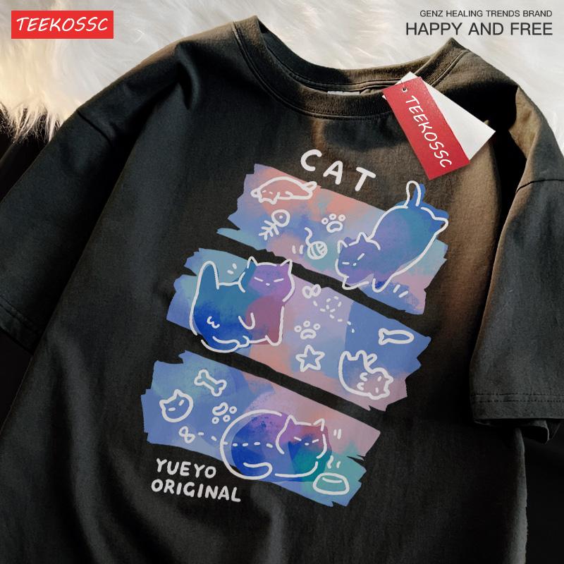Buntes Drei Katzen Trendiges Lockeres und Atmungsaktives Reine Baumwolle Sommer Kurzarm T-Shirt Männer Frauen Verträumter Spaß Katze Niedliche Kleidung