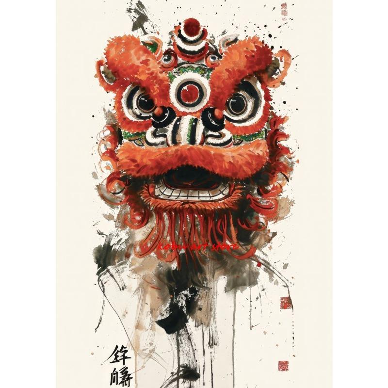 Traditional Chinese Lion Dance Posters Ink Wash Style Lion Poster and Print Canvas Painting Wall Art Picture for Room Home Decor