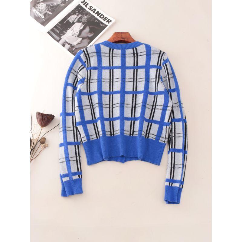 round Neck Single-Breasted Contrast Color Imitation Mink Outerwear Foreign Trade Original Order Loose Version Plaid Autumn and Winter Women Cardigan