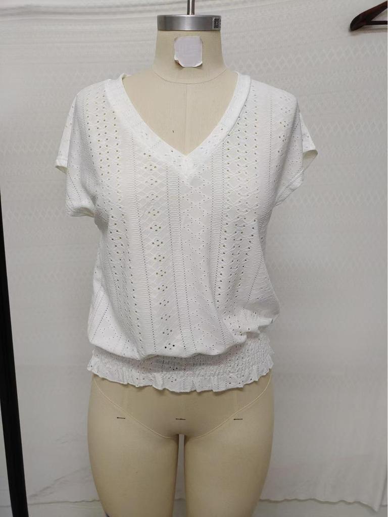 2025 Spring/Summer V-Neck Jacquard Cutout Ruched Short-Sleeve Women's Casual Fashion Top
