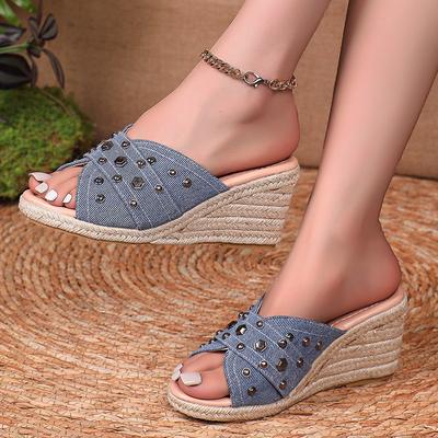Modische Keilsandalen mit Nietendekor für Damen Sommer 2025 Blaue Denim Espadrille Pantoletten Frau Peep Toe Römische Sandalen Damen