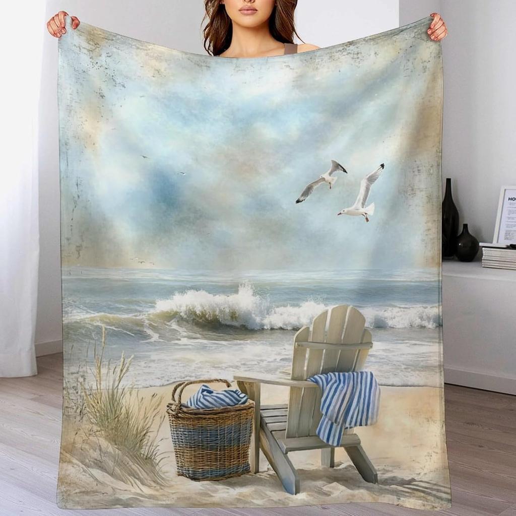 Beach Blanket Ocean View Seagull Chair Waves Coastal Decor Soft Throw Seaside Art Bedroom Textile Relaxing Home Accessory