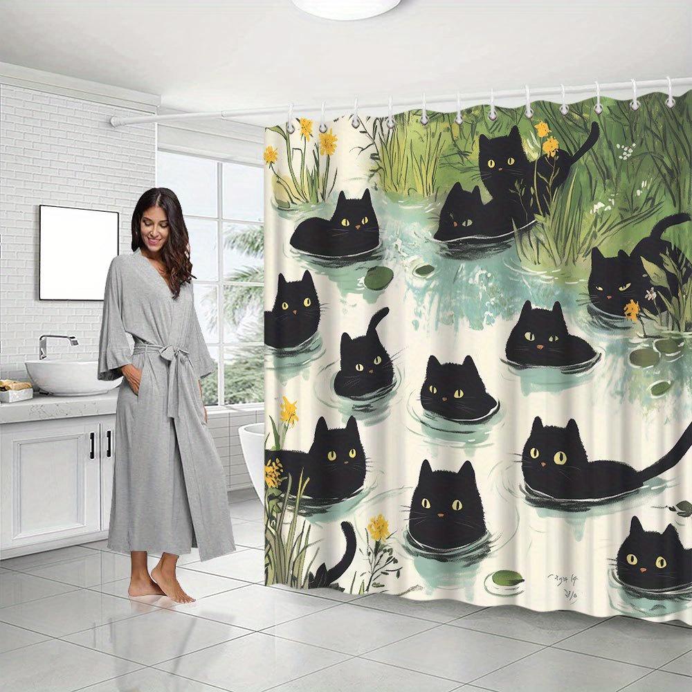 

Black Cat Pond Shower Curtain – Cute Felines Floating on Lily Pads, Nature-Inspired Art, 72x72in, Polyester, Includes Hooks 90x180cm35x71in