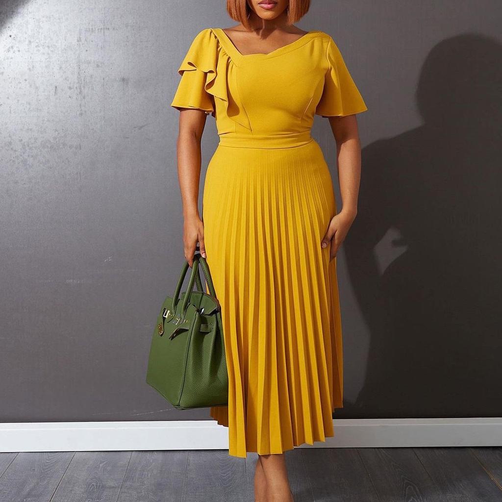 Elegant Office Lady's Dresses Ruffles Sleeve Pleated Ankle Length Luxury Female Party Evening Dress