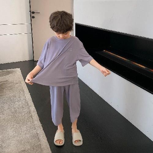 

Summer Ice Silk Kids Boy Sleepwear Simplicity Solid Color Children Boy Pajama Set Soft Cotton Breathable Household Clothes 160cm