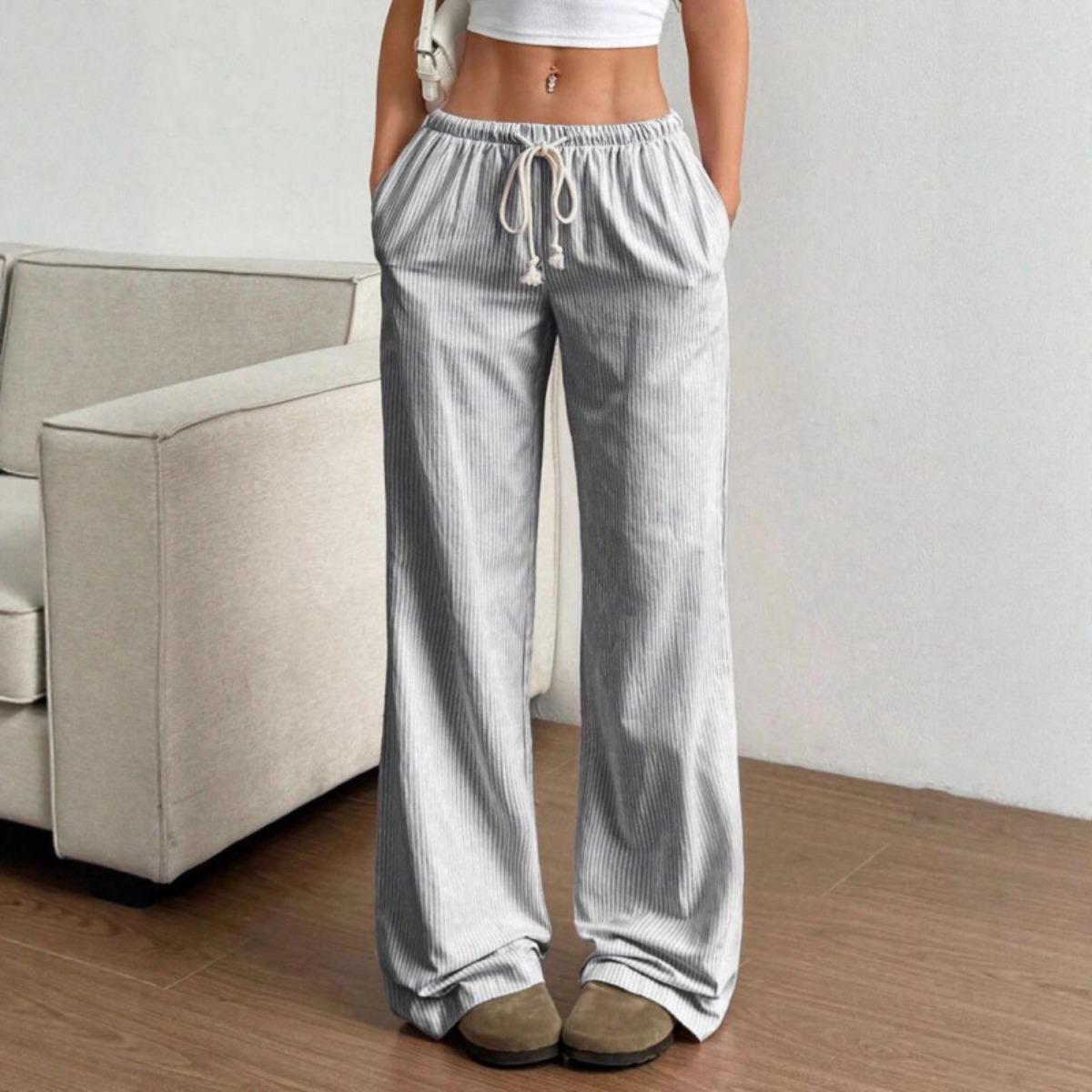 

Summer New Styles, Striped Straight Leg Pants, Casual Pants, Versatile Lace Up Pants, Fashionable Loose Wide Legs, Women s Clothing XS сірий колір