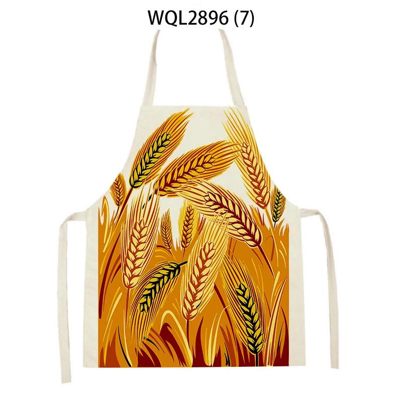 Plants Printed Kitchen Aprons Men Women Cooking Cleaning Aprons Wheat Flowers Pattern Linen Waist Apron Baking Accessories