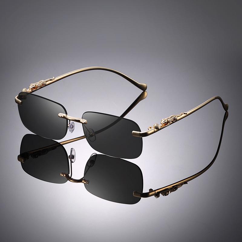 Unisex Retro Frameless Sunglasses with Leopard Print Temples and Metal Cut Edge 7002