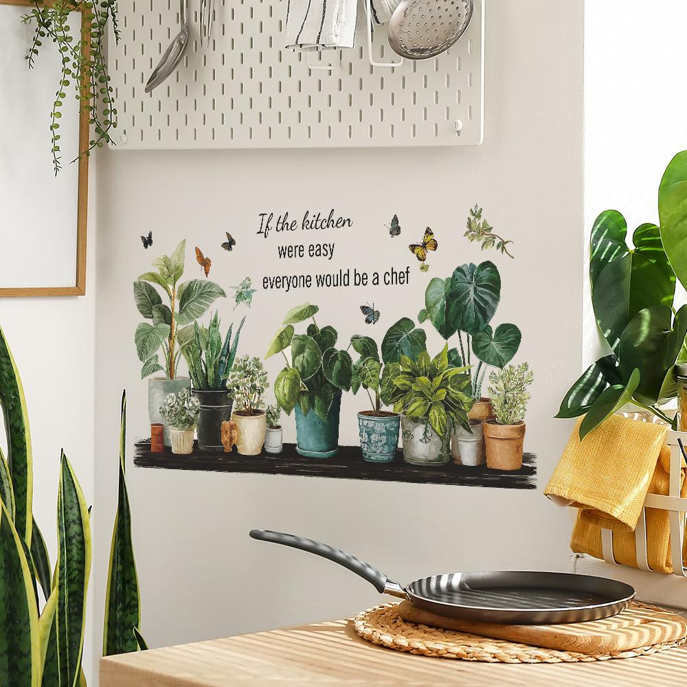 Green Plants, Potted Butterflies and English Slogans, Wall Stickers for Study and Living Room Decoration