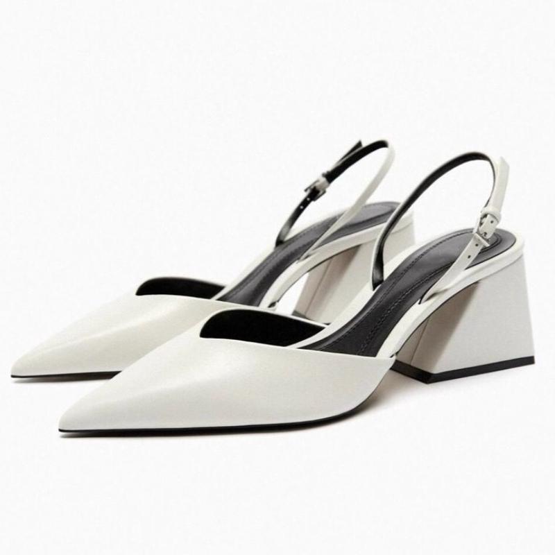 

Fashion Pointed Toe Back Strap Pumps Women White Soft Leather Chunky Heel Sandals Concise Commuter Office Shoes Zapatos De Mujer 35 белый