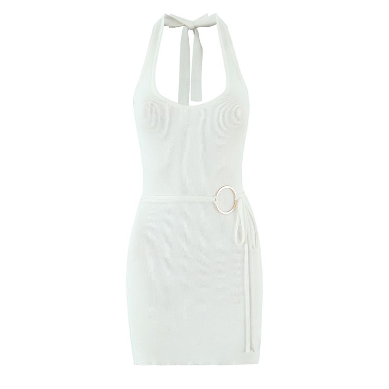 

Fashionable Art Museum American Gyaru Advanced Metal Ring Decoration Sheath Sexy Backless Slim fit Hanging Neck Dress White S