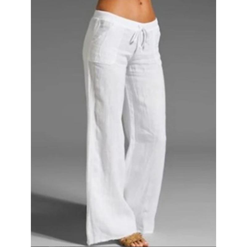 Linen Wide Leg Pants Elastic Drawstring Waist Casual Flare Trousers With Side Pockets Lightweight Loose Fit Beach Vacation Daily Palazzo Pants