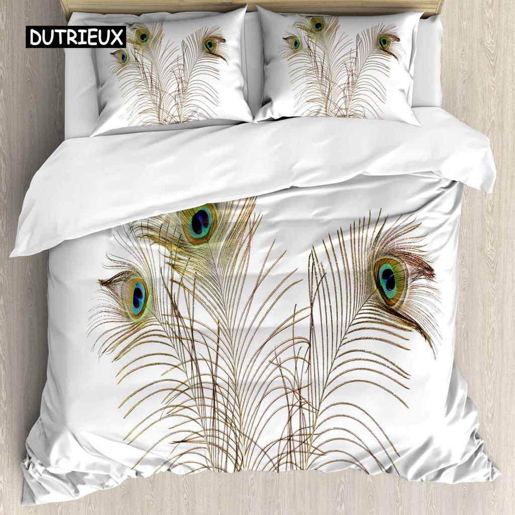 Peacock Duvet Cover Set Rainbow Feather Bedding Set for Bedroom Decor Hippie Tie Dye Polyester Comforter Cover Double Queen Size
