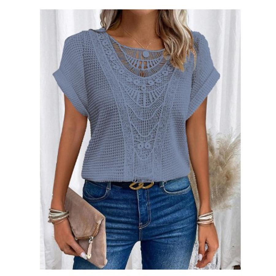 New Summer Floral Lace Patchwork Short Sleeve T-Shirt Women's Clothing
