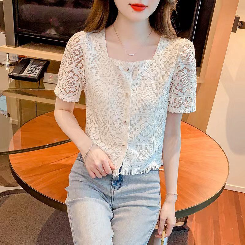 Summer New Lace Chiffon Shirt Hollow Short Shirt for Women Slim Short Sleeve Cardigan