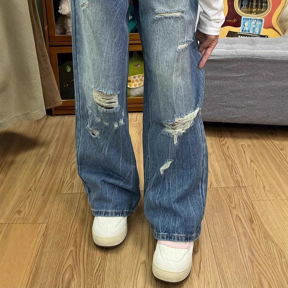 Oberbekleidung zum Bedecken des Fleisches der Retro Broken Hole Weitbeinjeans Damen Sommer Hochtailliert Skinny Locker Gerade Schlepphose Retro Jeans