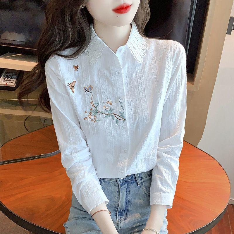 Women's Lace Collar Blouse Long Sleeve Floral Embroidery Casual Top