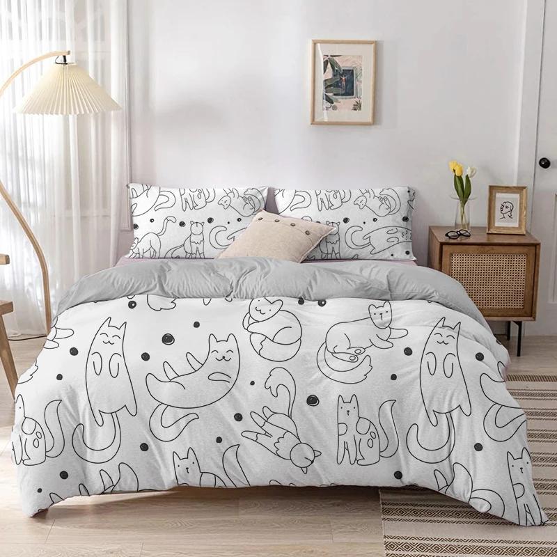 Cartoon Cat Duvet Cover Set Cartoon Animal Print Bedding Set With Pillowcase 2/3Pcs Comforter Cover For Bedroom Decor