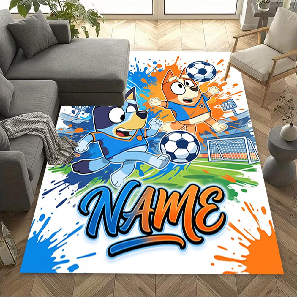 Bluey Soccer Adventure Customizable Name Area Rug Design for Playrooms Kitchen Entryway Outdoor Antislip Carpet Anime Office Decor