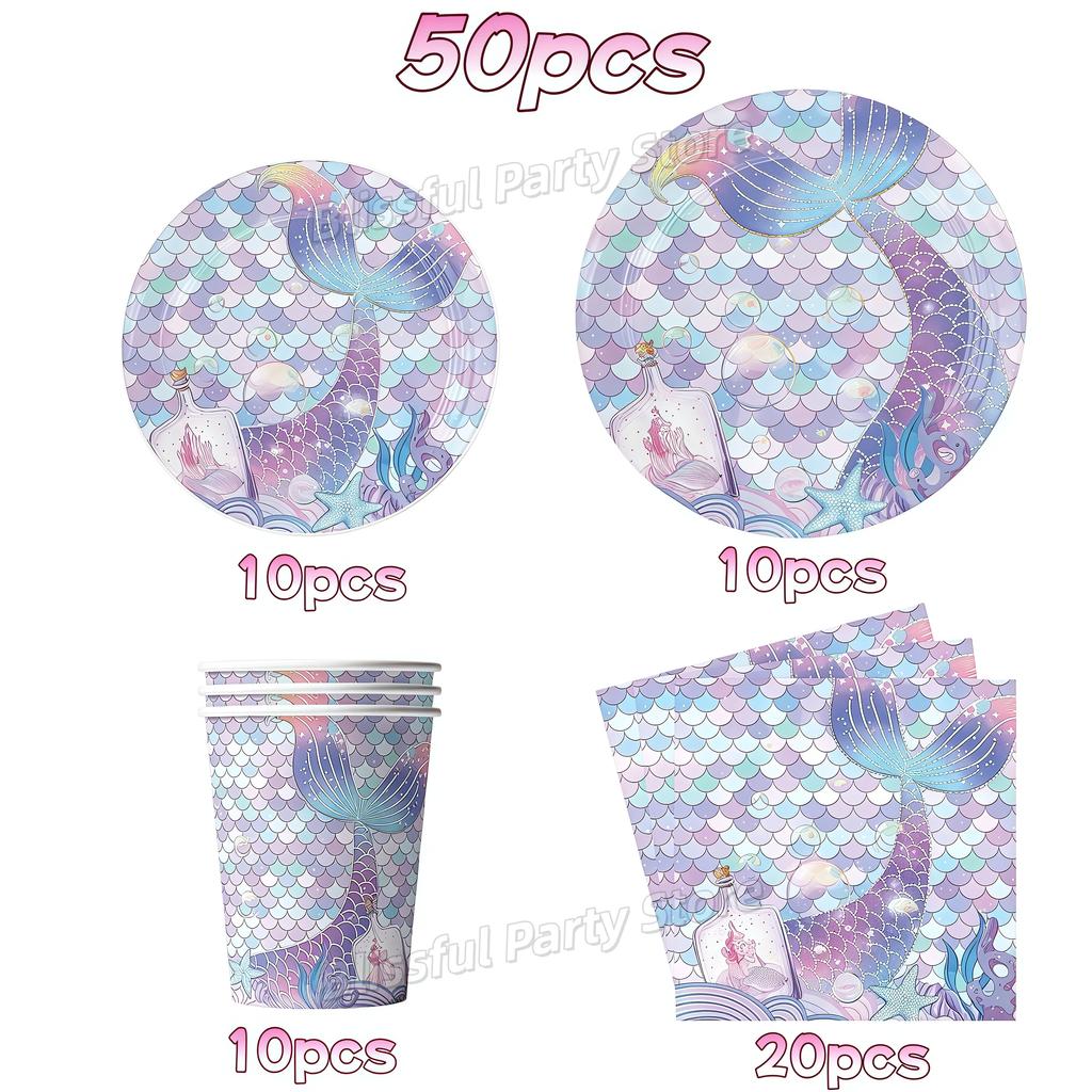 Mermaid Birthday Party Decorations Tableware Plate Cup Napkin Balloon Hanging Banner Party Decor Girl Favor Baby Shower Supplies